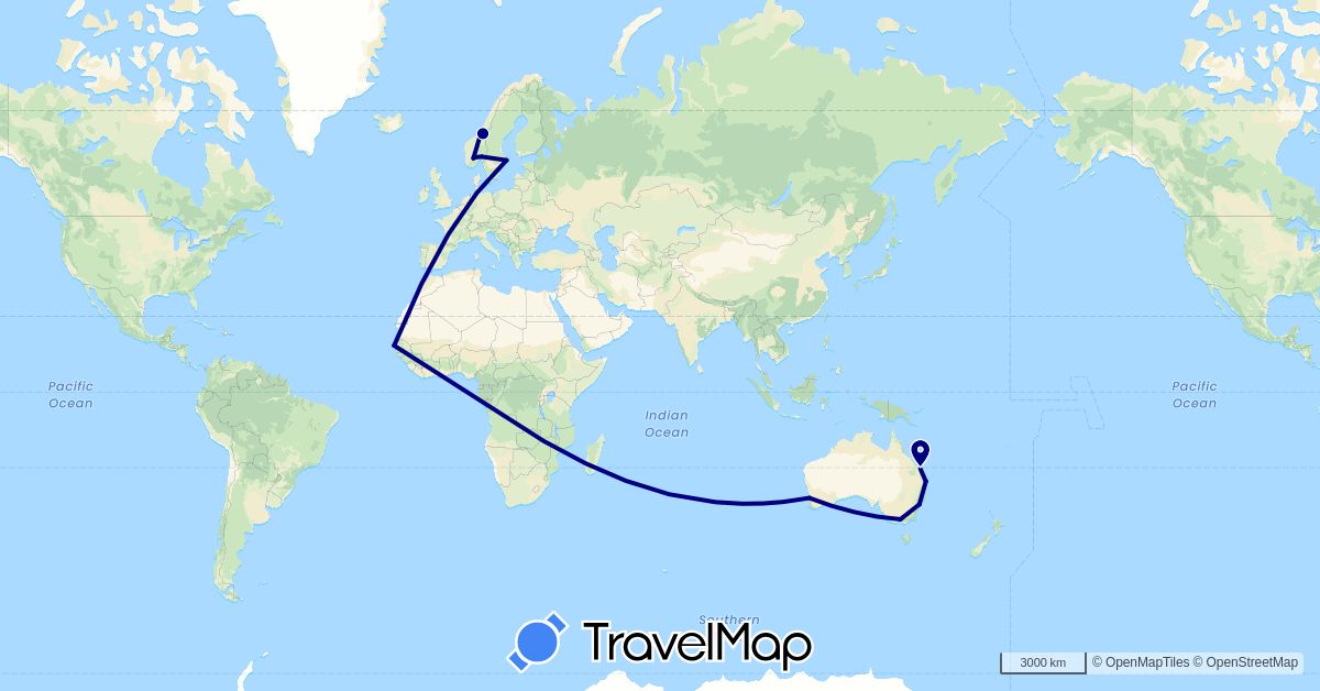 TravelMap itinerary: driving in Australia, Norway, Sweden, Senegal (Africa, Europe, Oceania)